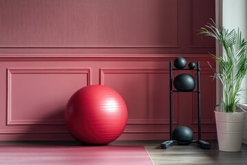 Red exercise ball, weights, pink room, fitness