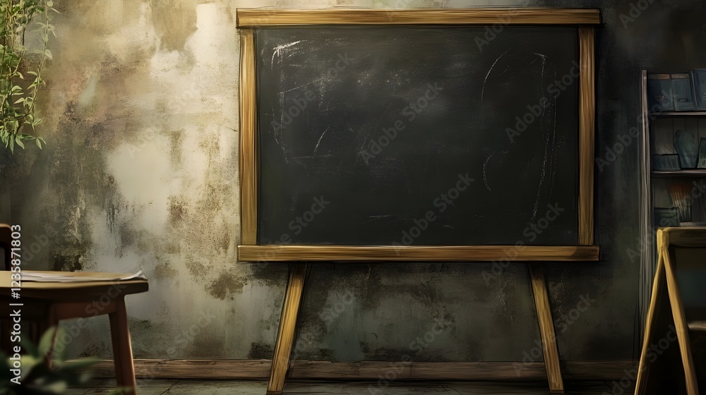 Poster Empty old and worn chalkboard or blackboard set up in a vintage rustic classroom setting with wooden desks chairs and other furniture  The space has a grunge