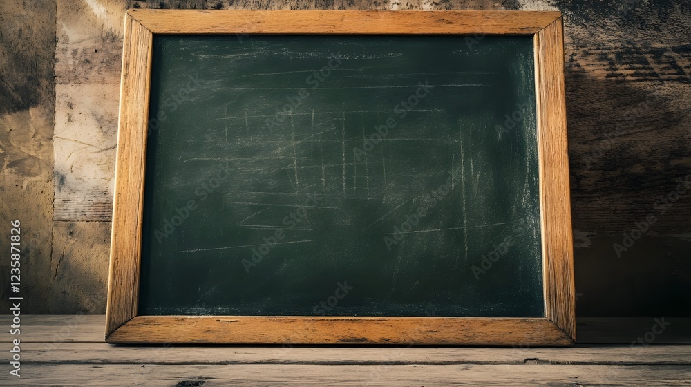 Aufkleber empty old vintage blackboard or chalkboard in a wooden frame placed on a wooden desk or table in a c