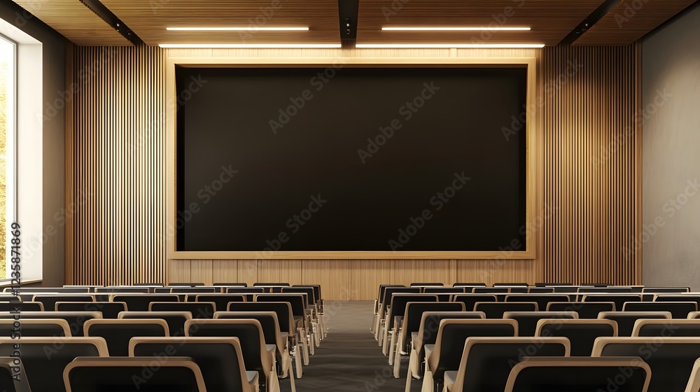 Poster empty spacious modern theater or conference auditorium interior with rows of comfortable seats facin