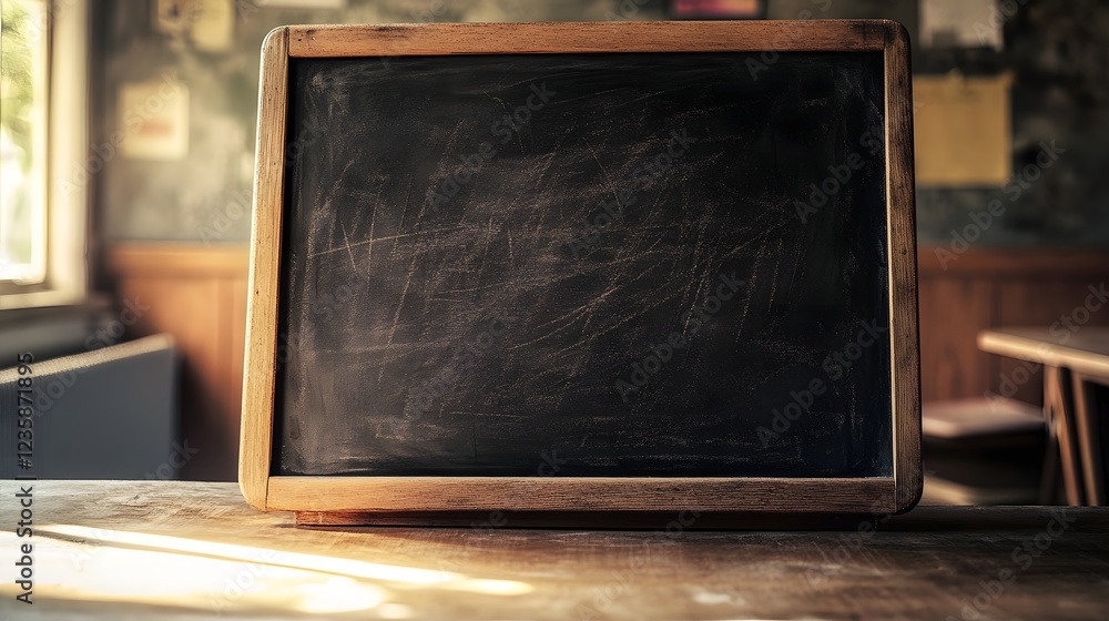 Poster empty vintage chalkboard in the rustic interior of an old classroom or lecture hall concept of educa