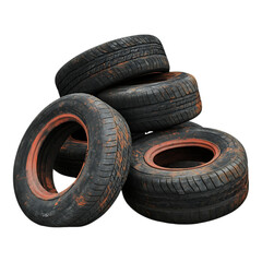 Obraz premium Stack of four used worn car tires with dark rims piled up for auto repair or recycling concept advertising isolated on transparent background.