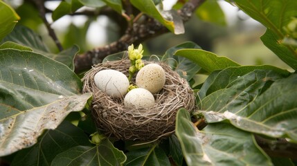 Fototapeta premium A brown bird s nest containing four white eggs perched on a branch in a serene natural setting.