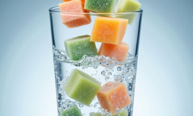 Colorful fruit-flavored ice cubes splashing