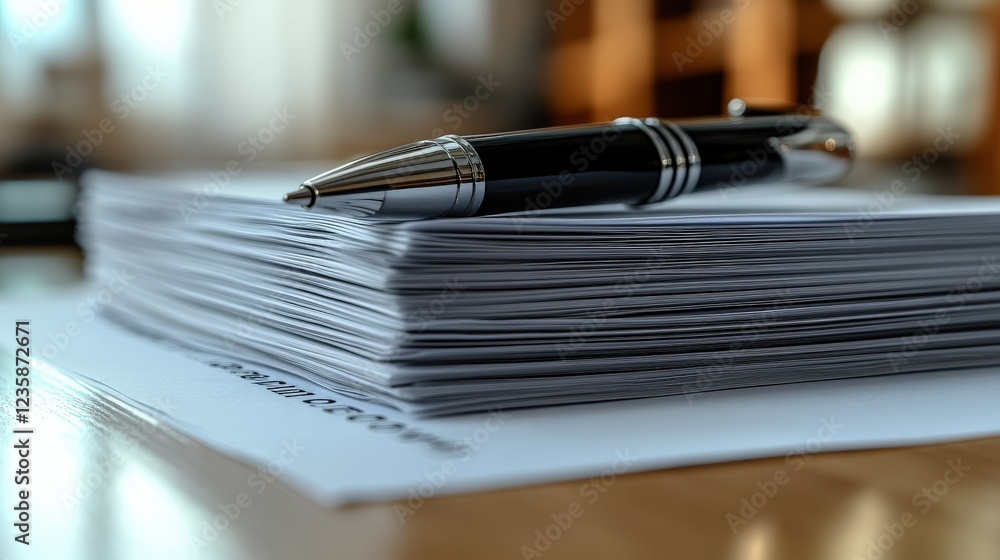Poster a close-up view of a stack of documents with a pen resting on top, showcasing a home office environm