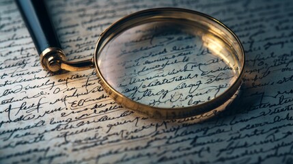 A close-up of a magnifying glass resting on vintage handwritten text, highlighting the intricate details and textures of the writing.