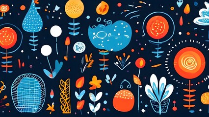 playful, abstract illustration features a seamless pattern of whimsical hand-drawn shapes and icons in vibrant colorful hues
