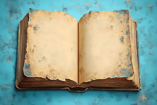 Antique Book with Weathered Pages on Vintage Blue Background for Historical Imagery