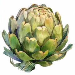 Fototapeta premium Watercolor Artichoke: A vibrant watercolor painting of a single, ripe artichoke with intricate details of its green, textured leaves and pale yellow heart.