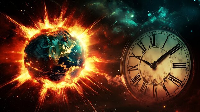 A glowing Earth with bursting cosmic energy and a clock face in the foreground, symbolizing time running out before a planetary disaster.