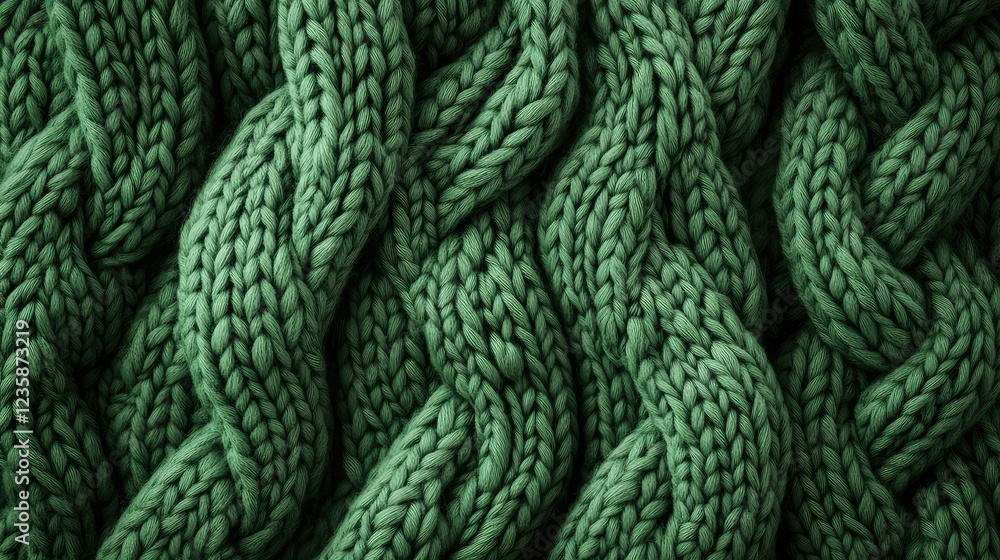 Poster close-up view of intricate knitted fabric in rich green color showcasing the beauty of textile art a