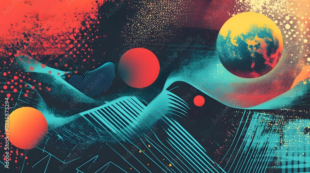 Aufkleber futuristic cosmic digital art with glowing orbs particles and vibrant lights in a surreal space scen