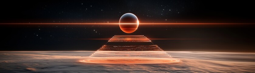 A futuristic landscape featuring a glowing pyramid and a hovering sphere, set against a cosmic backdrop with vibrant colors.