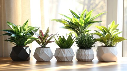 Five potted plants arranged near a bright window