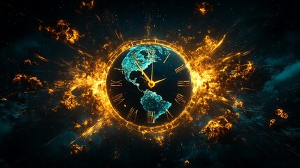 A glowing outline of planet Earth surrounded by cosmic explosions and a clock face, with the continents defined and time rapidly ticking down to impending disaster.
