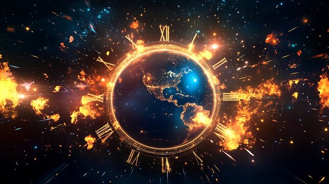 A glowing outline of planet Earth surrounded by cosmic explosions and a clock face, with the continents defined and time rapidly ticking down to impending disaster.