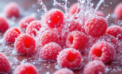 Fresh raspberries splashing in water