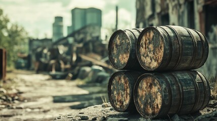 Weathered barrels rest amidst urban decay.