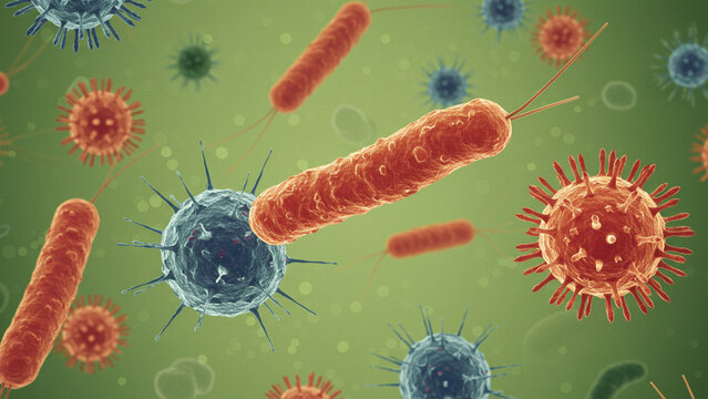 Microbes illustrated with a green background - Powered by Adobe