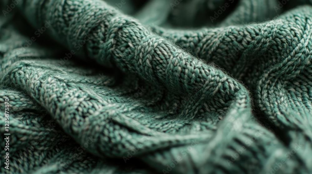 Poster soft green knitted fabric draped elegantly with intricate patterns and textures ideal for cozy fall 