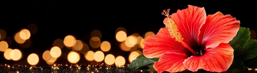A vibrant red hibiscus flower set against a dark background with soft, glowing bokeh lights, creating an enchanting and tropical atmosphere.