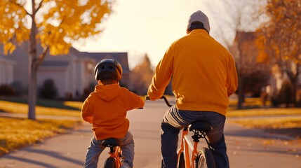A father and child ride bicycles together in a quiet neighborhood during autumn, surrounded by colorful leaves and warm sunlight.