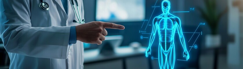 A doctor interacts with a holographic representation of the human body, showcasing advanced medical technology in a modern healthcare setting.