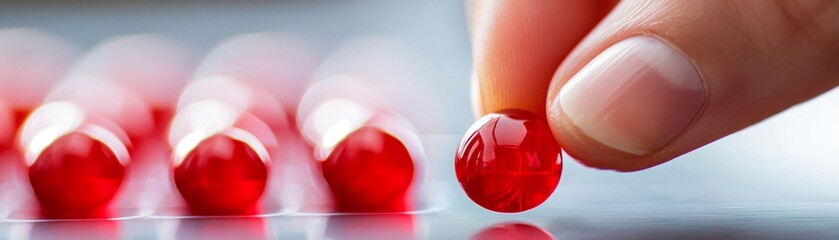 A hand picks a glossy red capsule from a row of similar capsules, showcasing a vibrant color contrast against a neutral background.