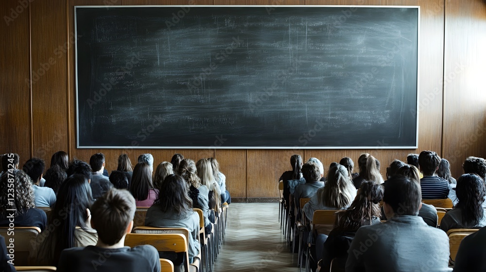 Aufkleber Group of students sitting at desks and listening attentively to a lesson presentation given by a teacher in a traditional classroom setting with a chalkboard