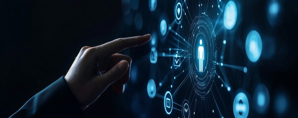 A hand interacts with a digital interface displaying interconnected symbols, representing technology, data, and connectivity in a futuristic setting.