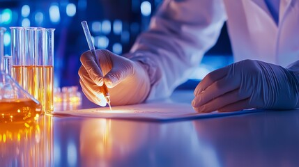 A scientist in a lab writes notes while surrounded by glowing test tubes, emphasizing research and innovation in a bright, futuristic setting.