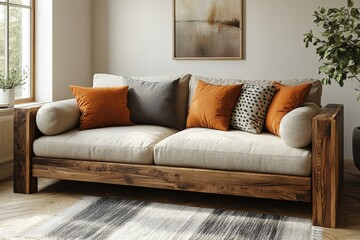 Cozy living room sofa arrangement modern home furniture display natural light contemporary design