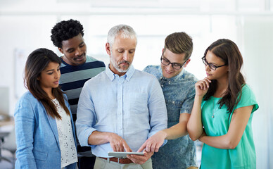 Business man, tablet and group at startup in circle for discussion, review and project management....