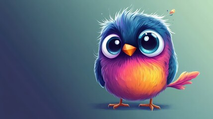 Fototapeta premium Cute Colorful Cartoon Bird with Big Eyes and Fluffy Feathers, Perfect for Children's Illustrations, Digital Art, and Whimsical Designs in Various Projects