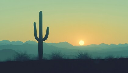 Saguaro Cactus Silhouette At Sunset Over Desert Mountains