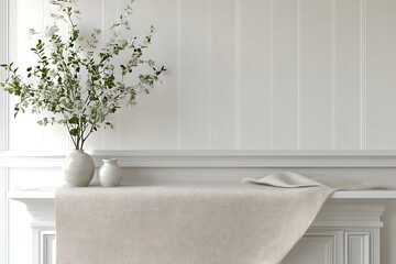 A serene interior scene featuring a vase of flowers on a textured tablecloth.