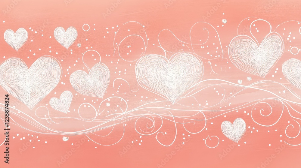 Poster elegant and whimsical heart patterns with swirls and dots on a soft coral background for romantic an