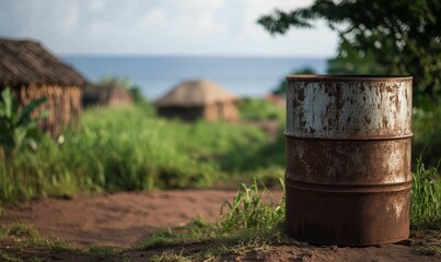 Rusty barrel sits near ocean village huts
