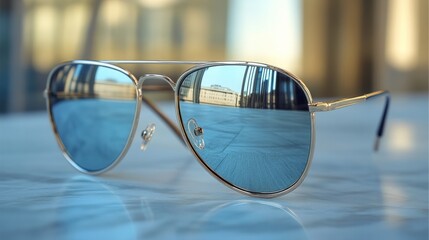 Aviator-style sunglasses with mirrored lenses, minimalist solid backdrop