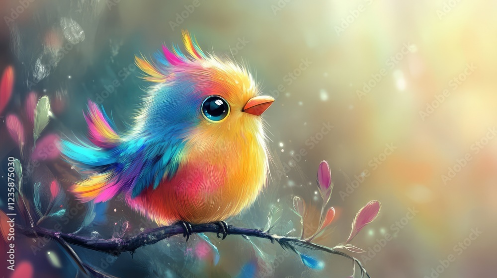 Poster colorful and whimsical bird with bright feathers perched on a branch surrounded by soft light and ab