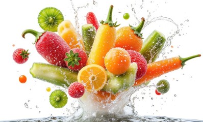 Colorful fruits and vegetables splashing in water