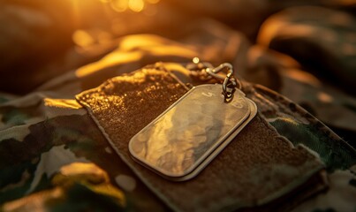 Golden dog tag rests on army uniform sunset