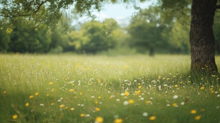 Fototapeta premium Tranquil Wildflower Meadow Landscape Soft Sunlight and Green Field