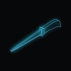 Neon saw glowing on a black background, symbolizing construction, diy, and home improvement projects