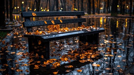 Obraz premium Wet wooden park bench covered in golden autumn leaves sits in a rainy park at night with glowing background lights.