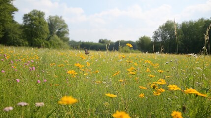 Fototapeta premium Vibrant Wildflower Meadow Summer Landscape With Butterfly