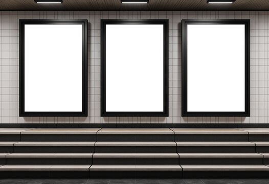 Three billboards on underground stairs wall Mockup. Triptych hoardings advertising in white tiles tunnel interior
