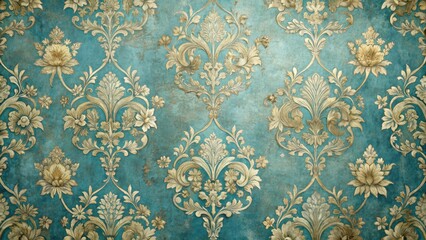 Fototapeta premium Distressed blue floral Victorian-style wallpaper with intricate gold accents and subtle sheen , victorian design, classic style