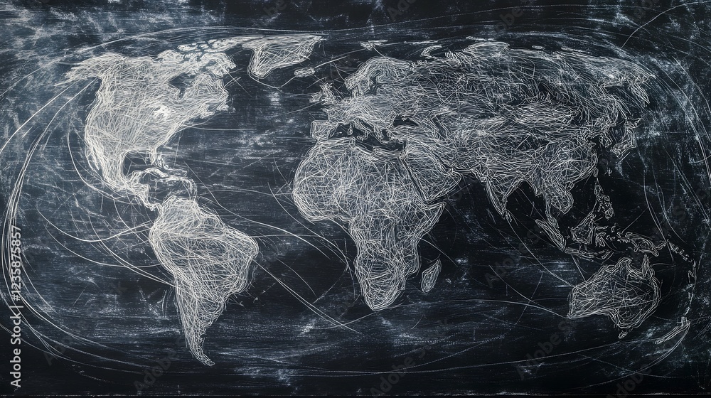 Poster Interconnected Global Network Map Visualization Showing Worldwide Geographical Locations and Digital Data Connections