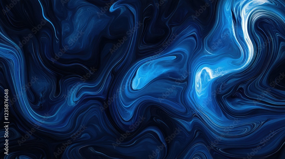 Poster vibrant dark blue and light blue abstract swirling patterns in a fluid art style creating an invitin
